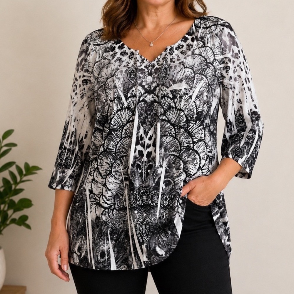 APT. 9 Black White Peacock Paisley Eclectic Artsy Boho 3/4 Sleeve Top 1X Plus